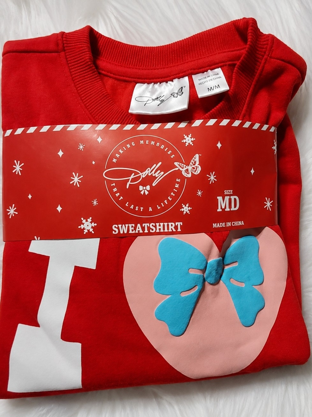 Dolly Parton Red Crewneck Sweatshirt with Pink Heart and Blue Bow
